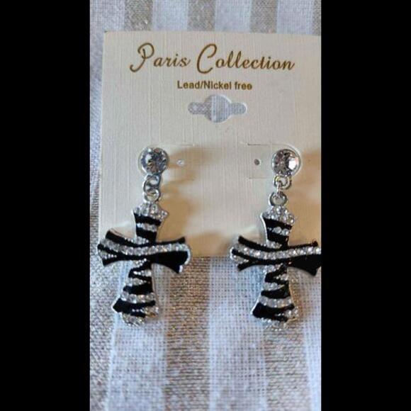 Pierced Earrings Black and Silvertone Rhinestone Cross 1 1/2 inch long - Picture 1 of 1